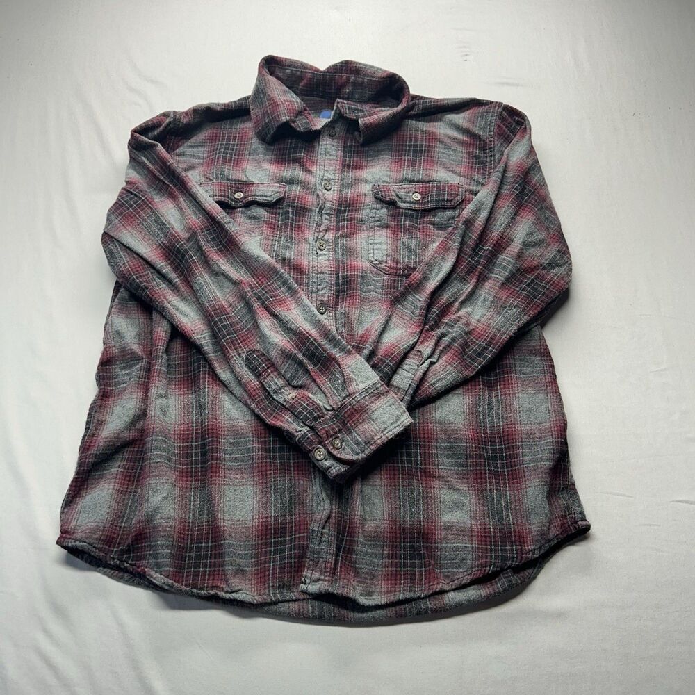 George Flannel Button Up Long Sleeve Shirt Men Sz XL Large Red Gray Plaid